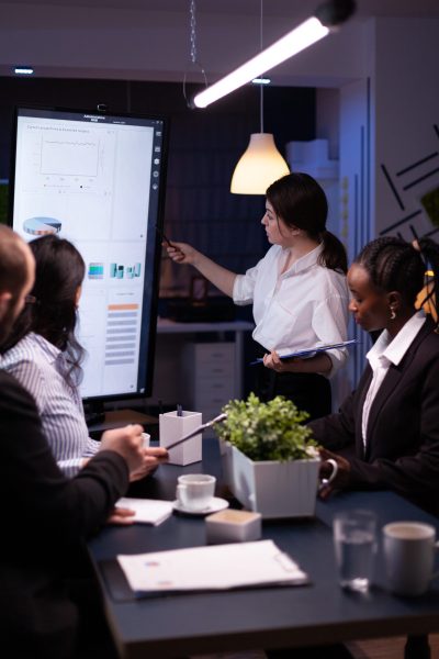 Executive manager woman explaining management statistics working at company strategy Executive manager woman explaining management statistics working at company strategy overtime in office meeting room. Diverse multi-ethnic businesspeople teamwork brainstorming ideas in evening.