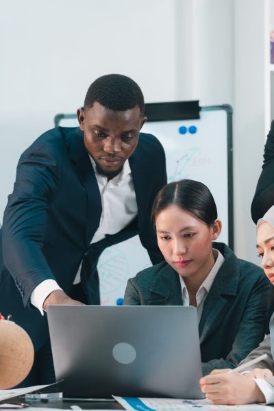 Professionals Collaborates Group, Business Team Engages in Strategic Brainstorming Discussion Professionals Collaborates Group in Office, Business Team Engages in Strategic Brainstorming and Discussion, Effective Teamwork Communication to Enhance Corporate Planning to Success